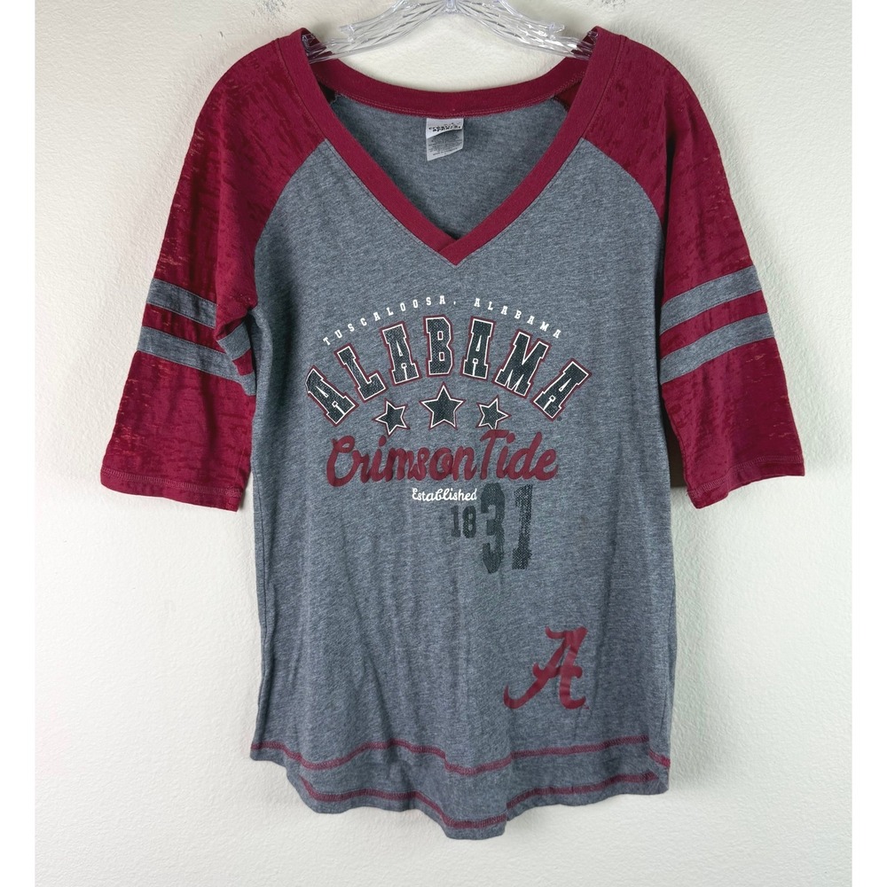 Creative Apparel Alabama Crimson Tide Women L Raglan Tee V-Neck 3/4 Sleeve Grey